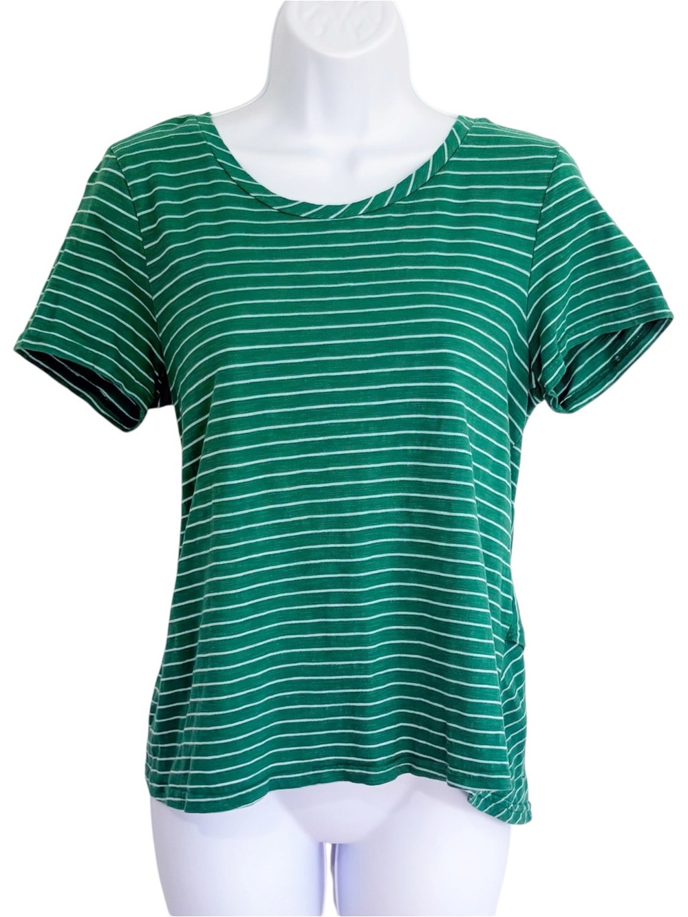 ANTHROPOLOGIE Green Striped Tiered Ruffle Hem Cotton Top Shirt Medium - Picture 1 of 8